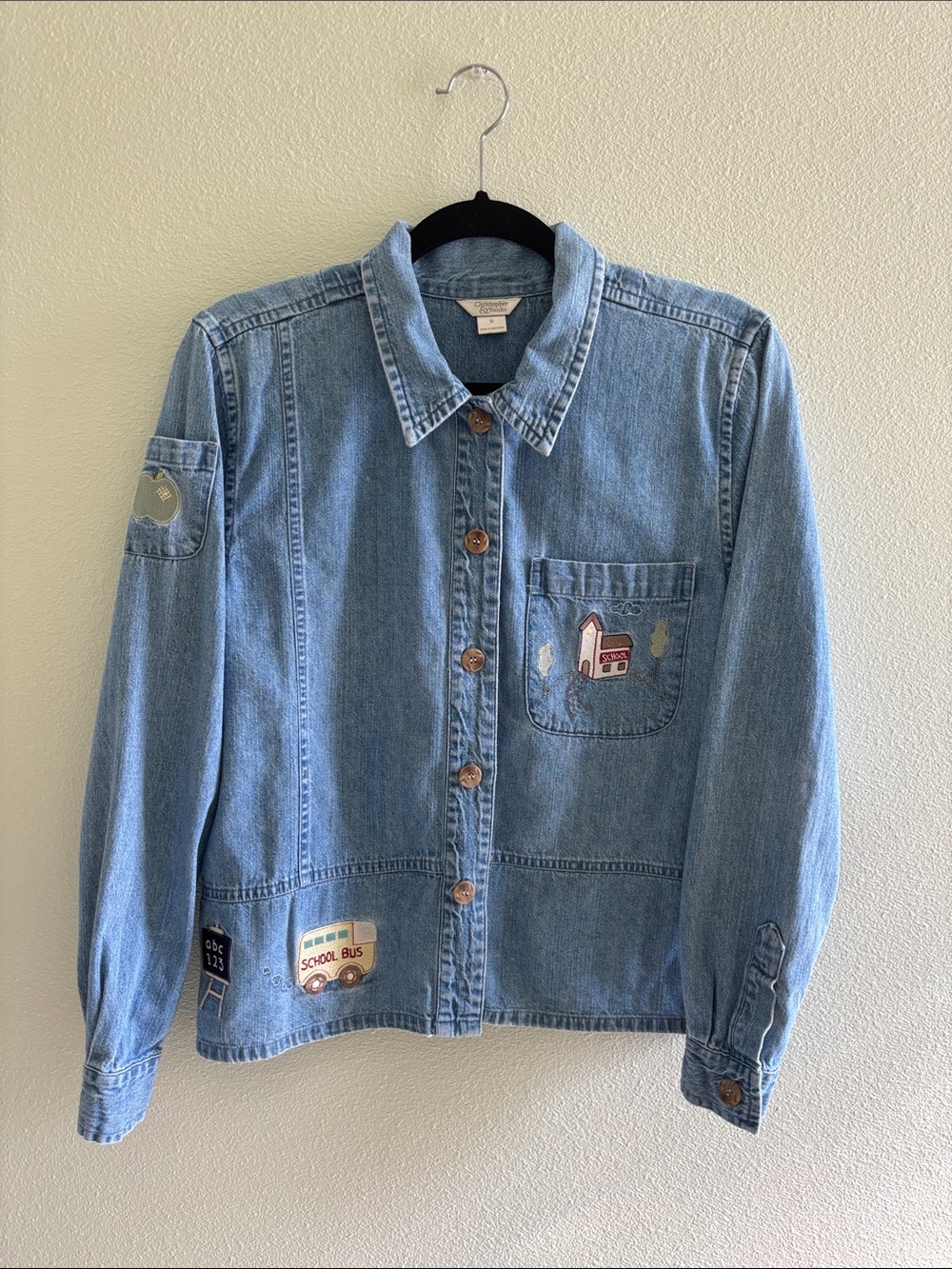 Vintage Christopher & Banks Embroidered Teacher Denim Jacket Small Y2K